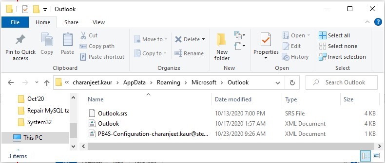 You will be taken to the location of Microsoft Outlook configuration file.